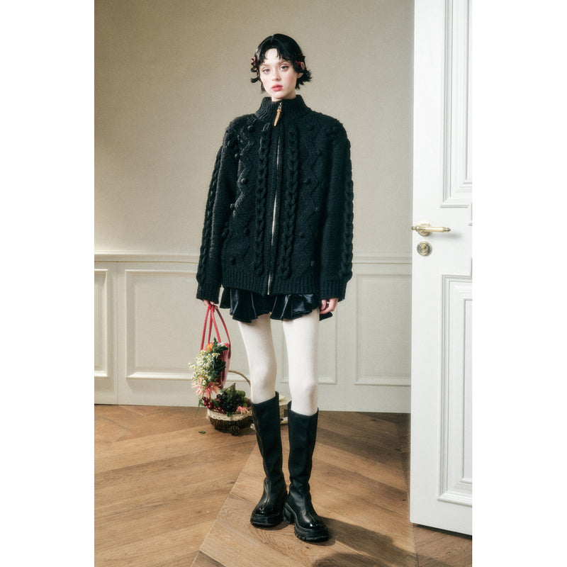 Hand-Knitted Cable Pattern Wool Knit Jacket