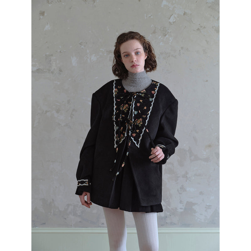 Black Coat with Floral Embroidery