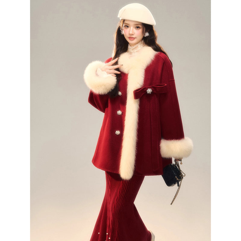 Romantic Ribbon Fur Wool Coat