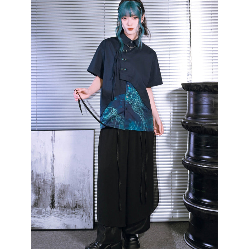 深藍の海月のアシンメトリーブラウス