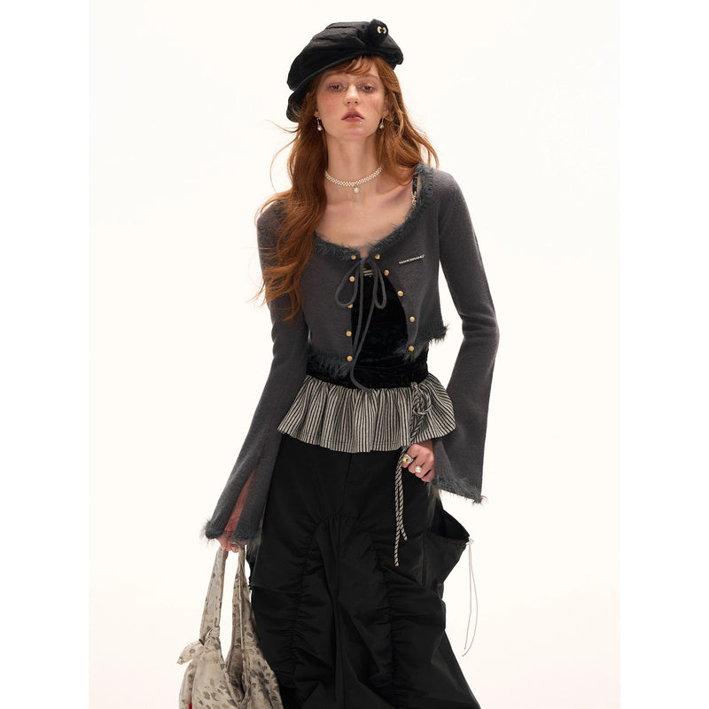 Charcoal Gray Feather Fringe Short Cardigan