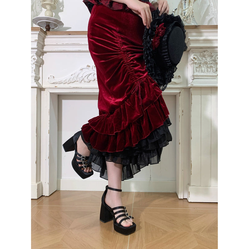 西洋貴族のベルベットマーメイドスカート - Wine Red[2026年2月下旬-3月下旬発送予定]