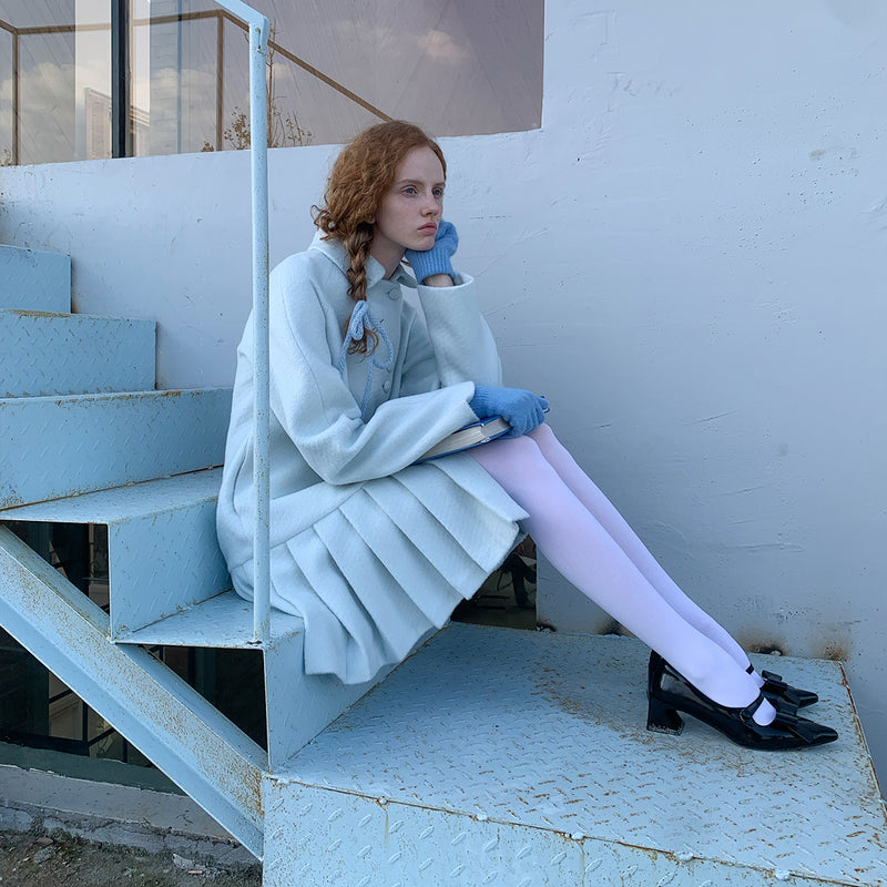 Frosty Blue Wool Pleated Coat Dress