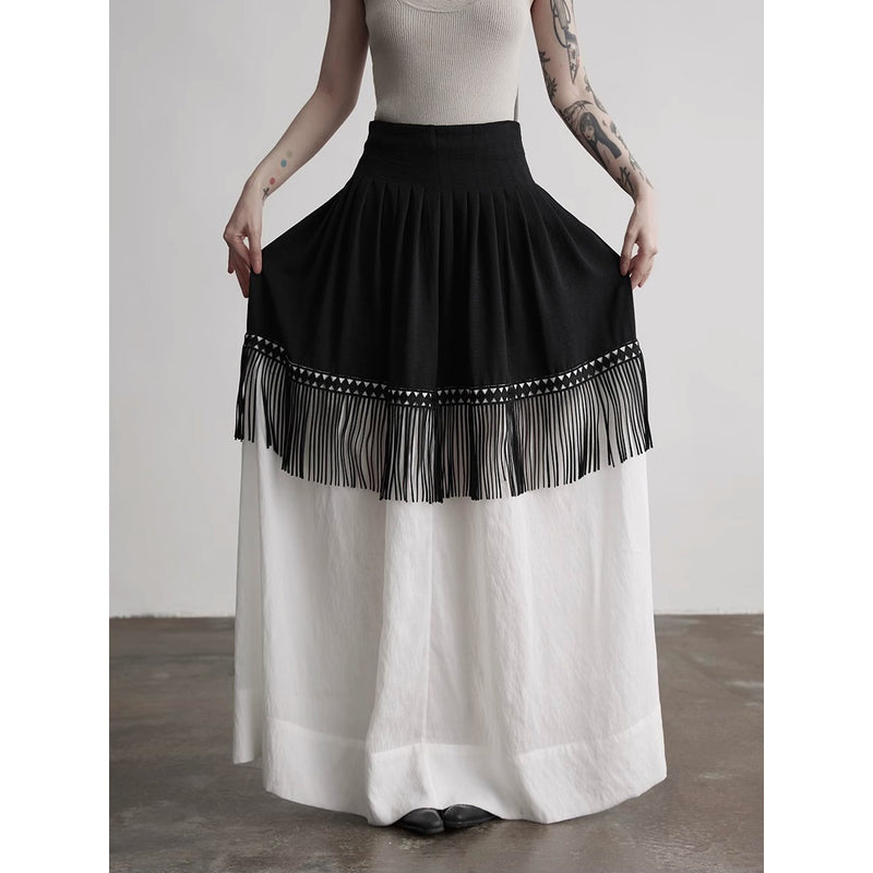 Black and White Fringe Long Skirt