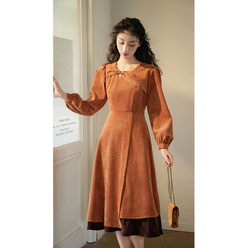 Orange Brown Corduroy Retro Dress