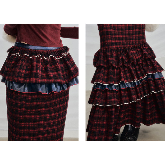 Wine Red Docking Plaid Tiered Skirt