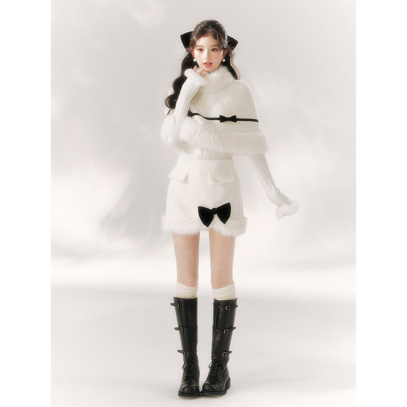 Pure White Ribbon Fur Cape and Skirt