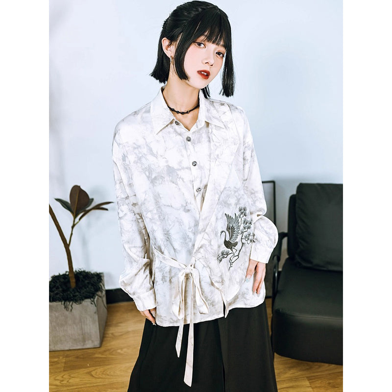 梢に留まる鶴の刺繍ブラウス - Ivory