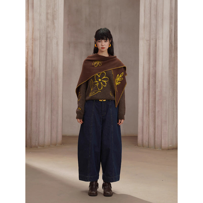 植物の刺繍ウールマフラー