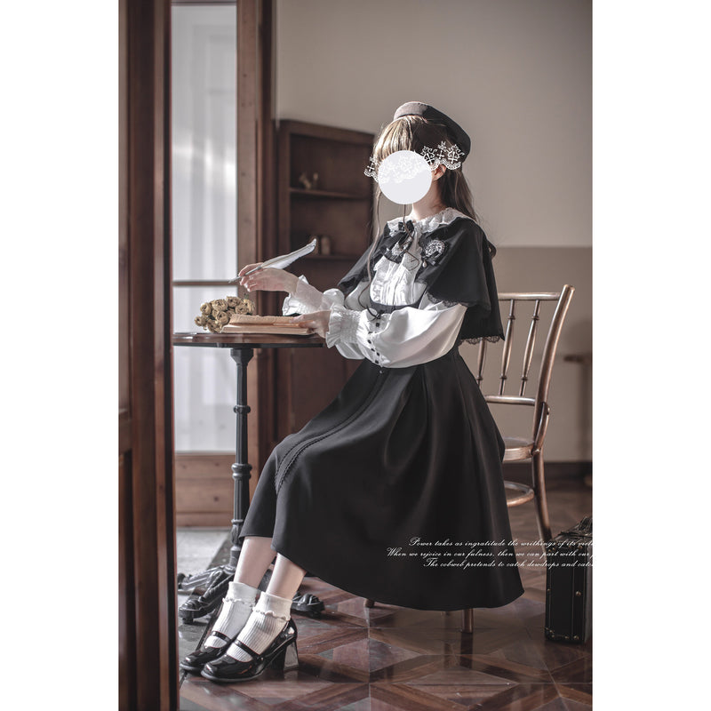 英国令嬢のクラシカルドッキングワンピースとケープ - Black