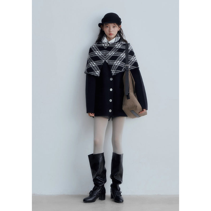 Checkered Cape and Black Knit Cardigan