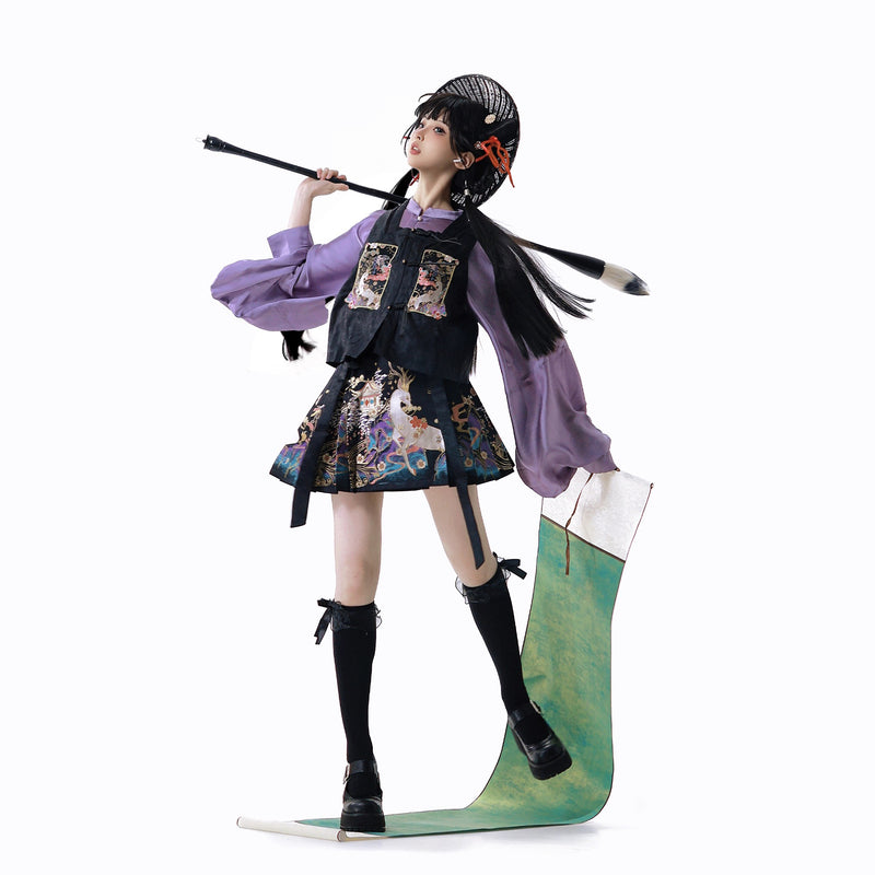 神話の鹿の刺繍プリーツスカートとトップスとベスト