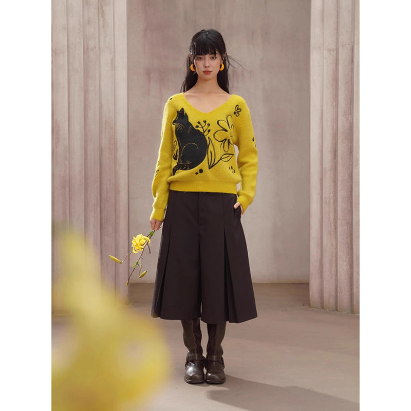 黒猫と花の刺繍ニットセーター