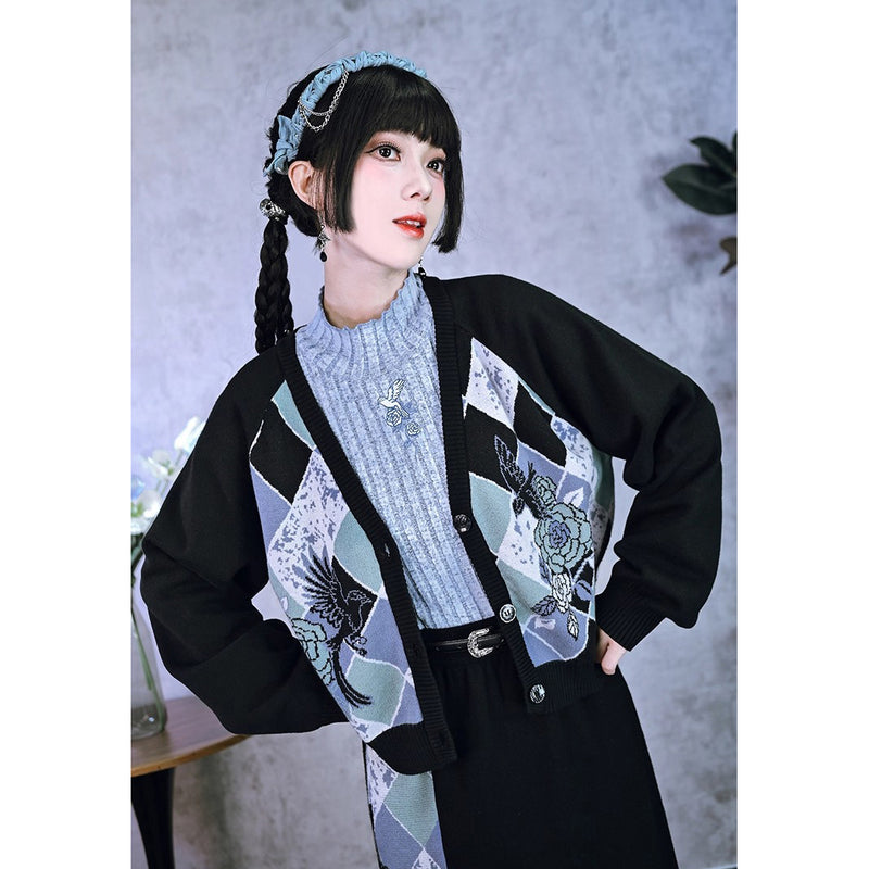 椿の花と鶯の挿絵カーディガンとニットスカート