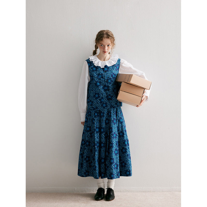 Blue Floral Patterned Vest and Skirt