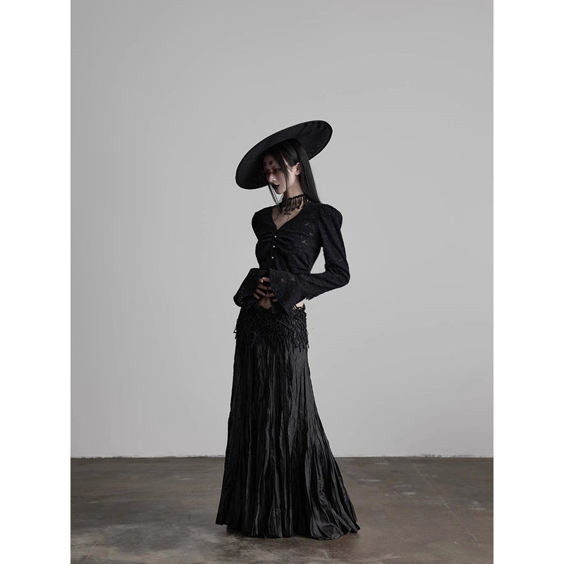 Black Embroidered Pleated Long Skirt