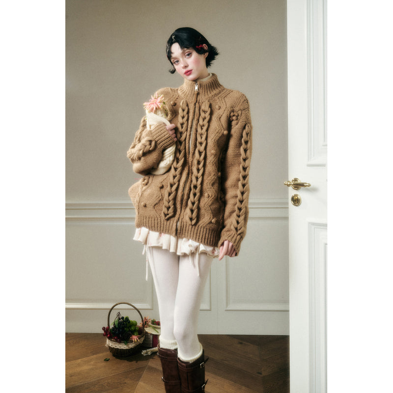 Hand-Knitted Cable Pattern Wool Knit Jacket