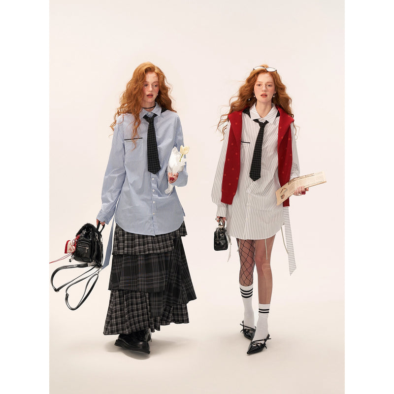 Striped Long Shirt with Checked Hoodie Tie