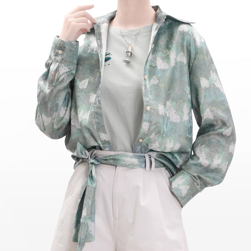 白狐の挿絵シャツ - Aqua Green