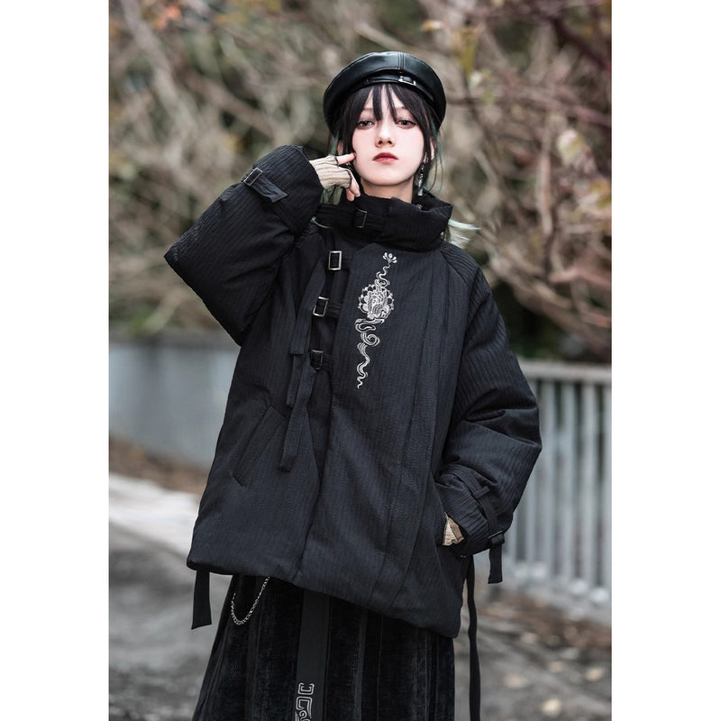 龍と牡丹の刺繍ダウンジャケット