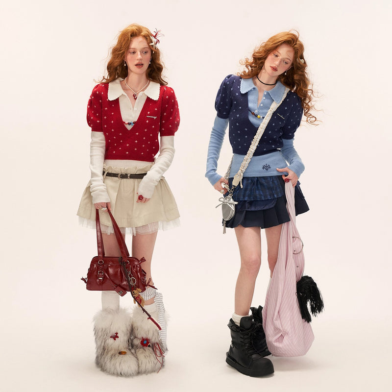 Star Pattern Knit Top and Knit Polo Top