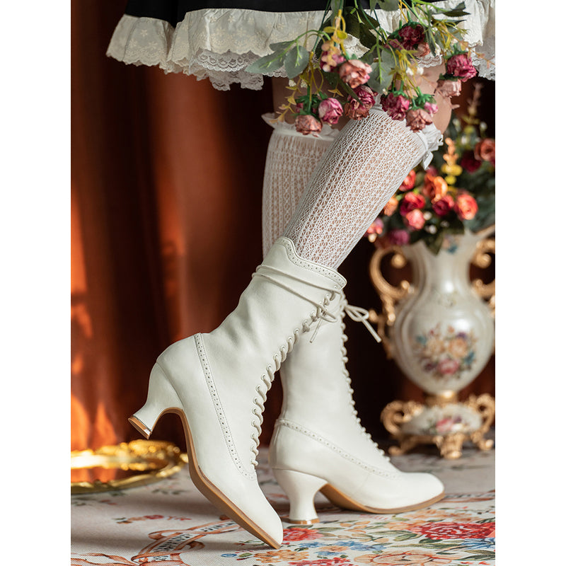 Victorian Pointed Toe Lace Up Boots - Ivory