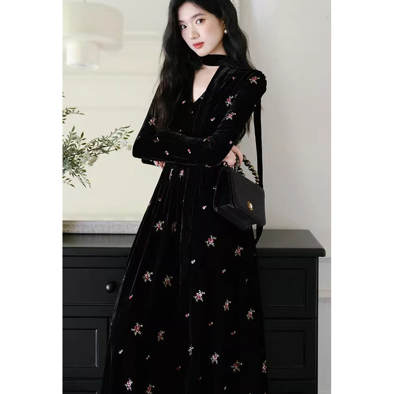 Black Floral Embroidered Velvet Dress