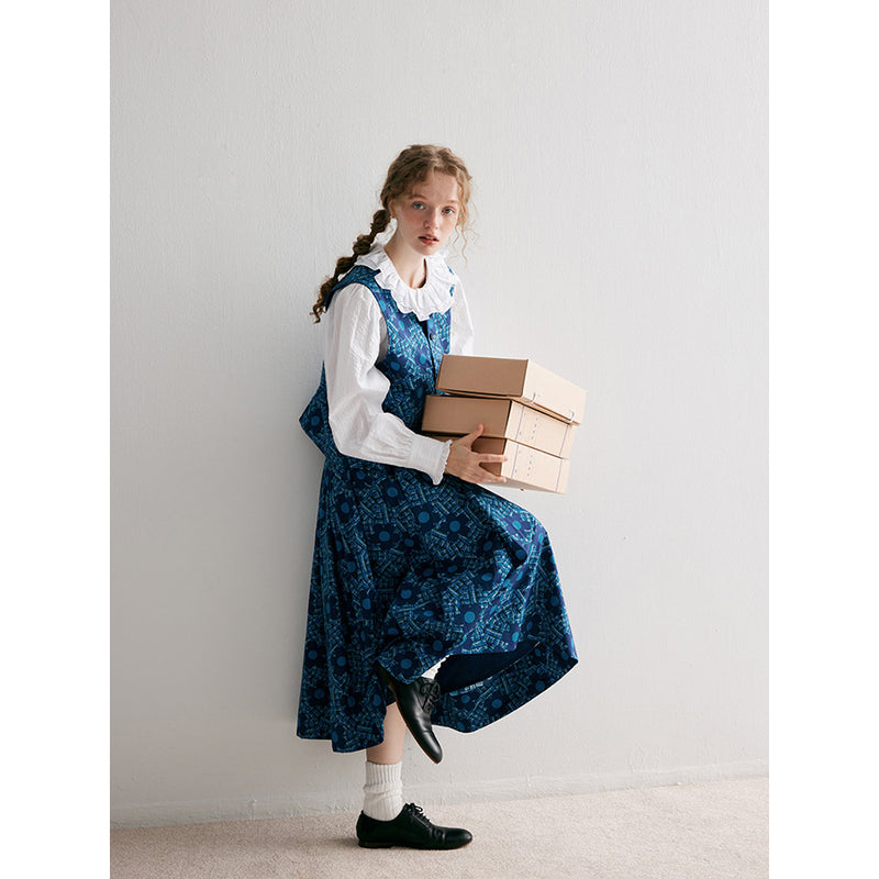 Blue Floral Patterned Vest and Skirt