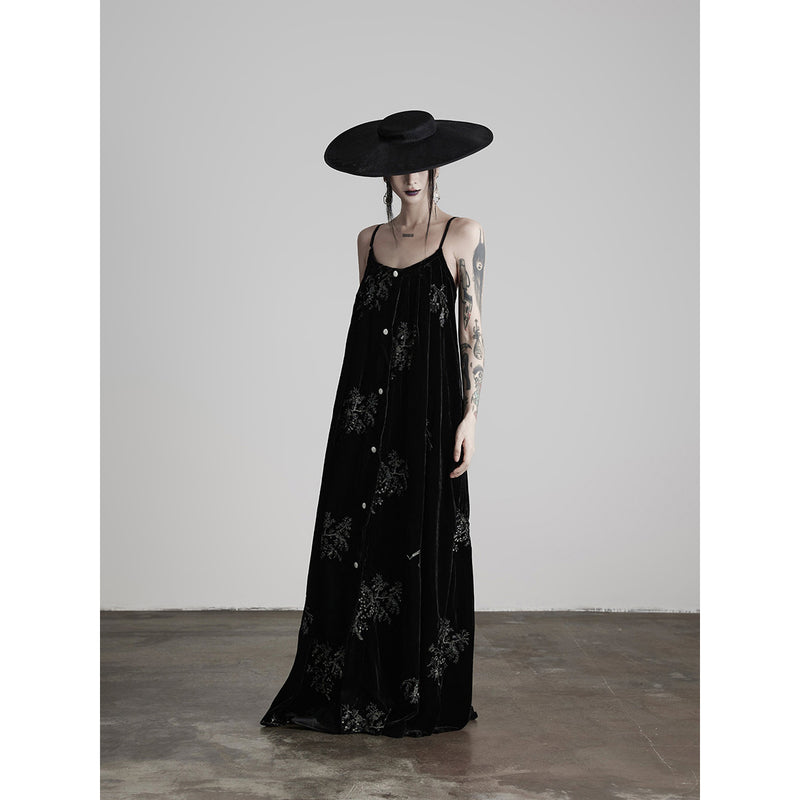 Black Velvet Embroidered Long Strap Dress