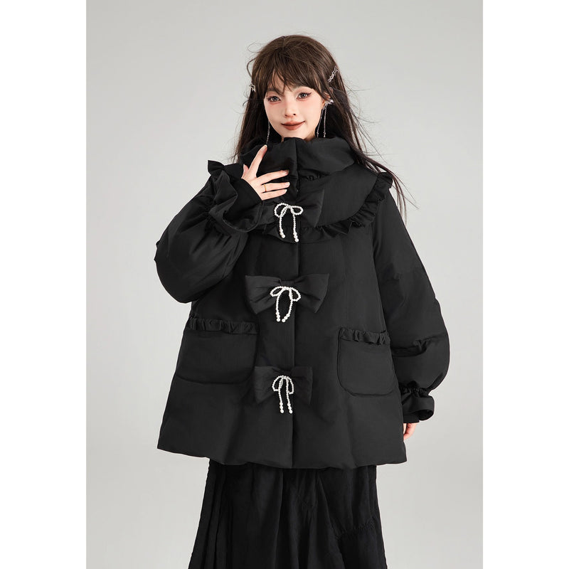 黒のお嬢様のリボンダウンジャケット