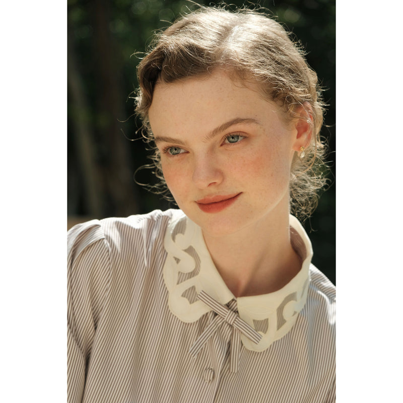 Striped Blouse with Embroidered Collar