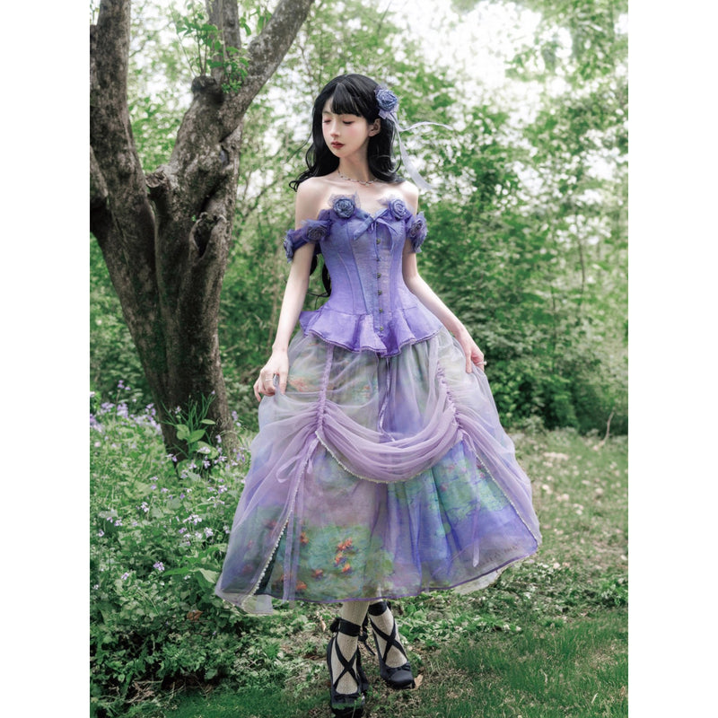 睡蓮の池の油彩画ビスチェとスカート - Ver2