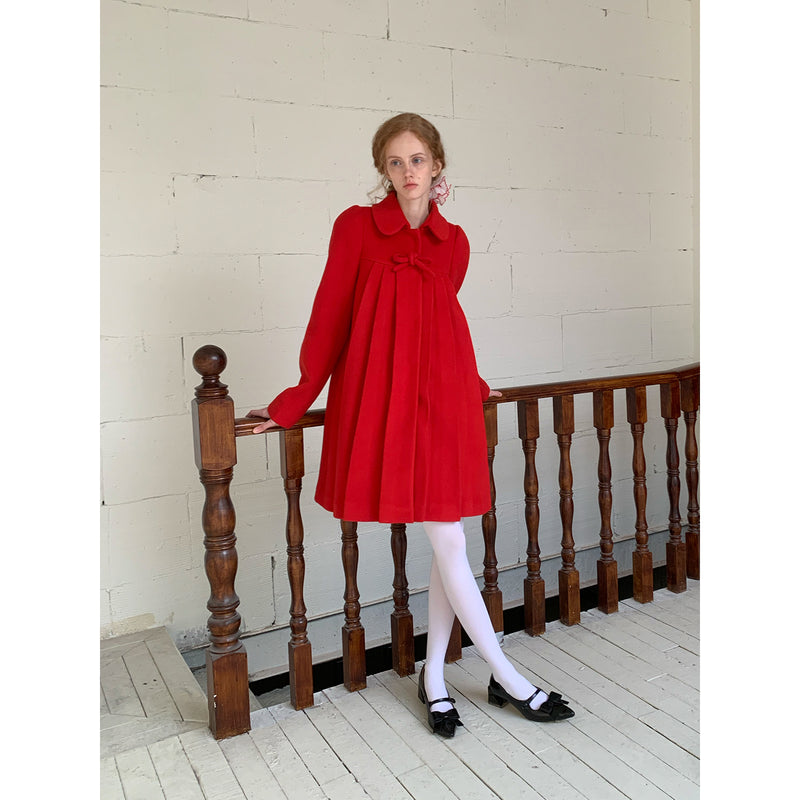 Bright Red Pleated Wool Coat with Ribbon