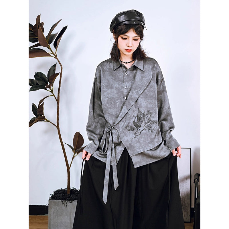 梢に留まる鶴の刺繍ブラウス - Gray