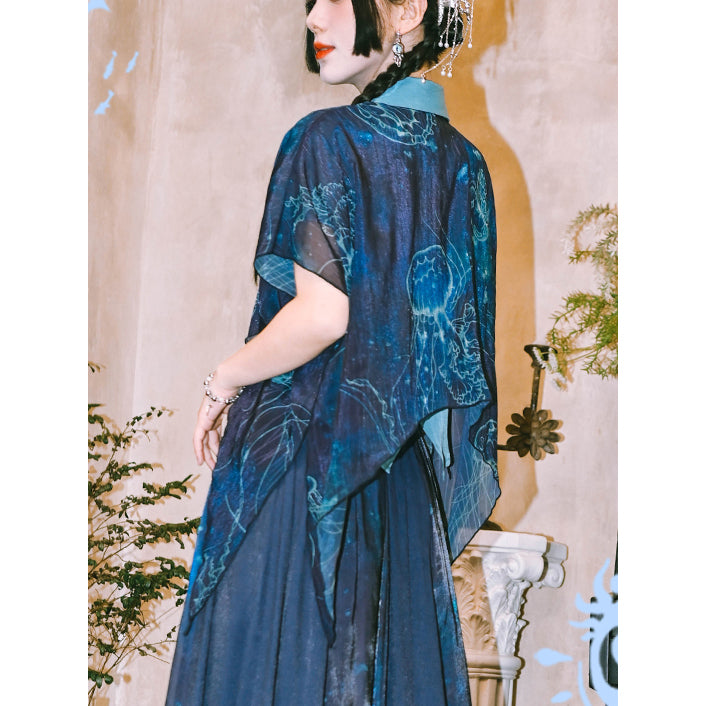 深藍の海月のシフォンブラウス