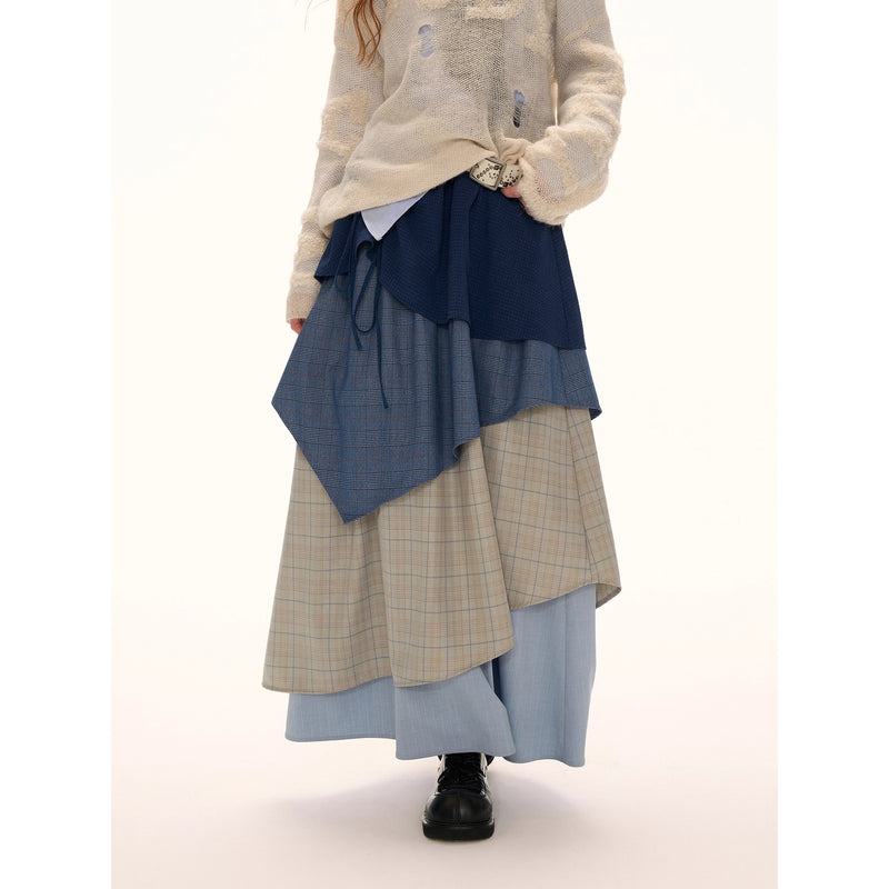Color Block Check Long Skirt - Navy Beige
