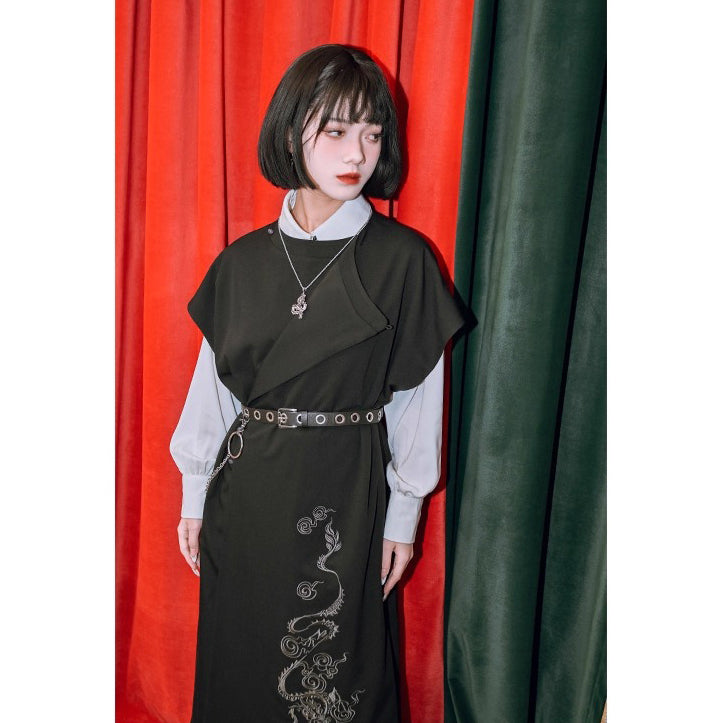漆黒の龍の刺繍ロングジレワンピース