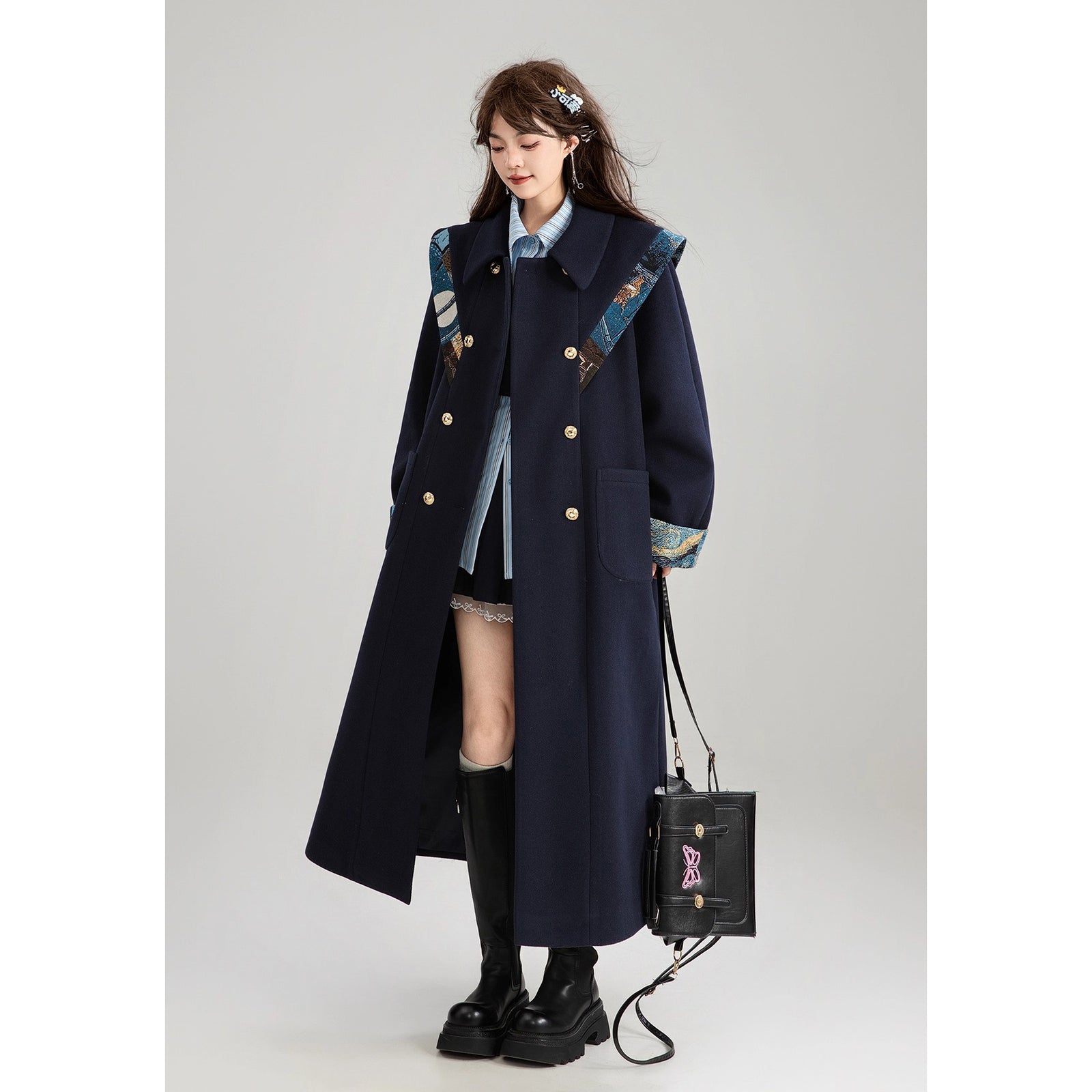 西洋油彩画のリボンダブルブレストロングコート – ManusMachina