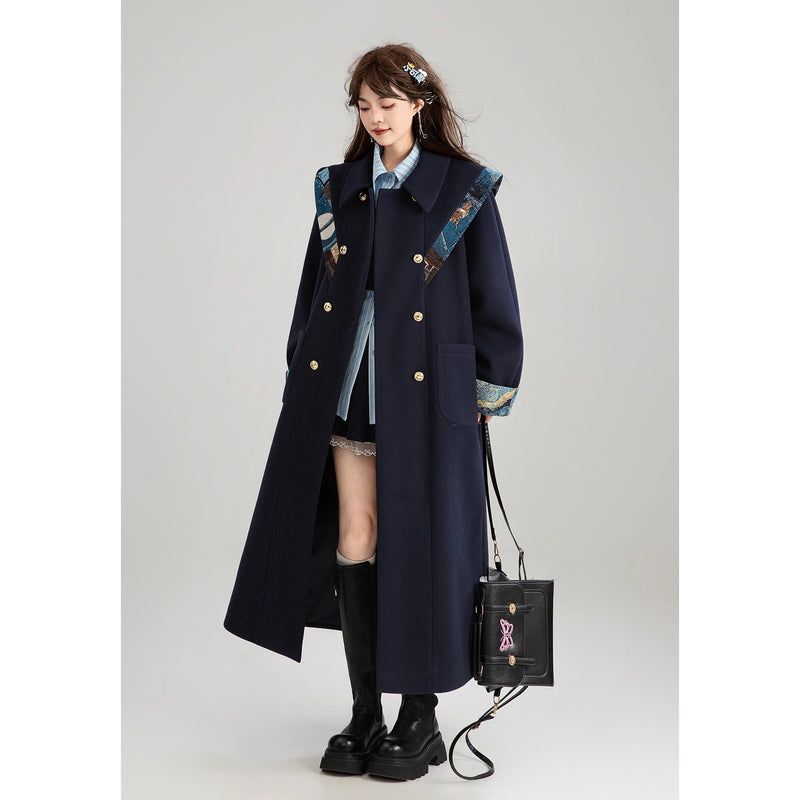 西洋油彩画のリボンダブルブレストロングコート