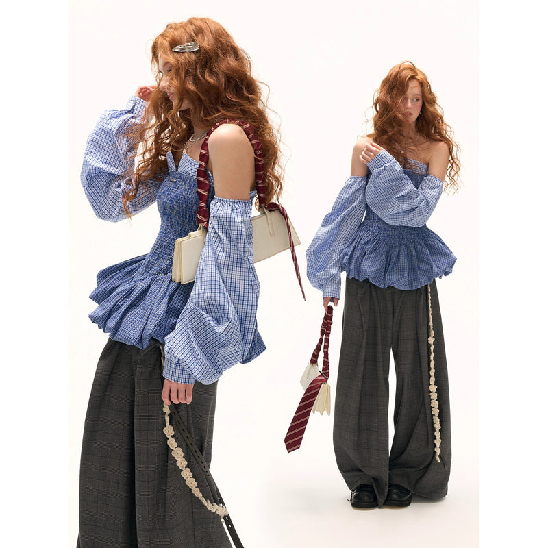 Blue Checkered Shirred Docking Top