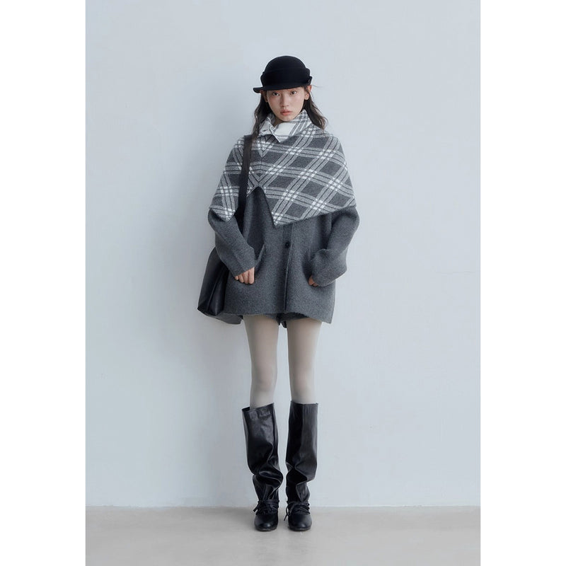 Checkered Cape and Grey Knit Cardigan