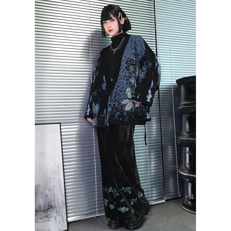 椿の花と鶯の刺繍ワイドパンツ