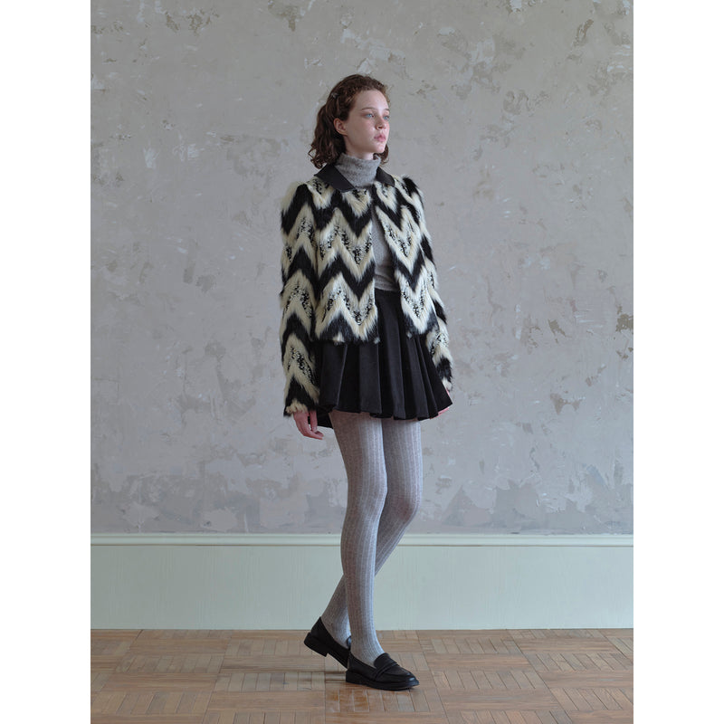 Geometric Pattern and Leather Fur Jacket