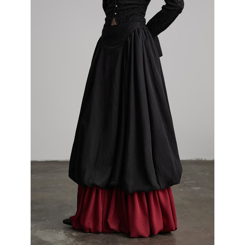 Black and Red Bicolor Layered Long Skirt