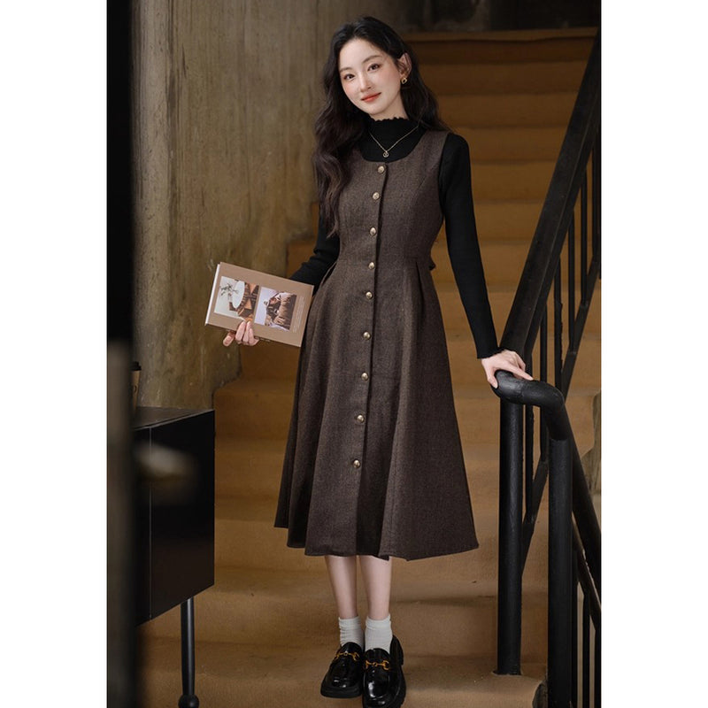 Dark Brown Jumper Skirt and Black Knit Top