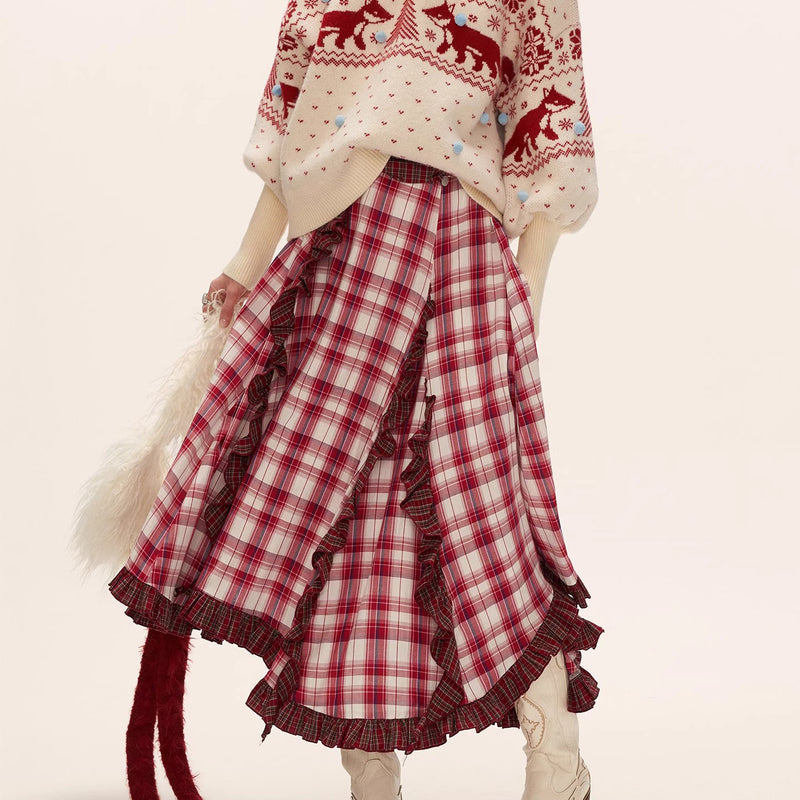 Asymmetrical Ruffled Checkered Skirt
