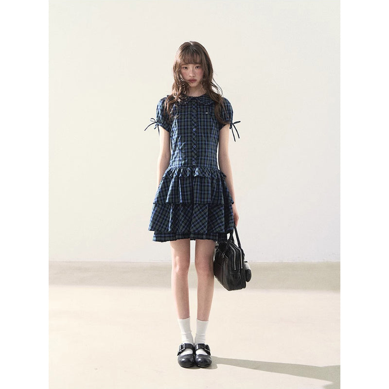 Blue and Green Checkered Tiered Dress
