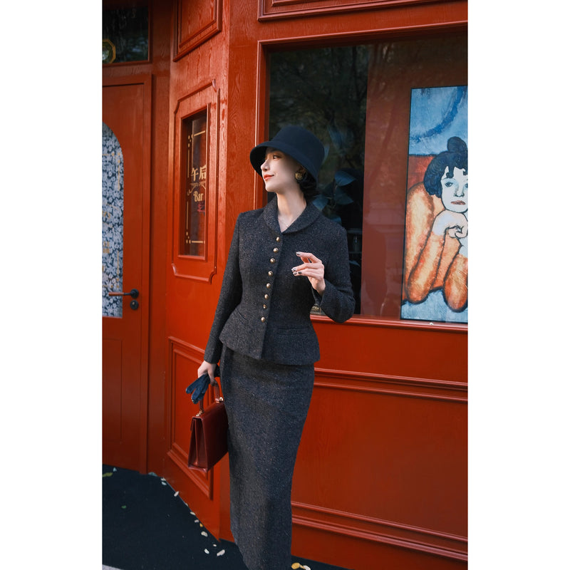 銀幕の貴婦人のツイードジャケットとペンシルスカート - Dark Black