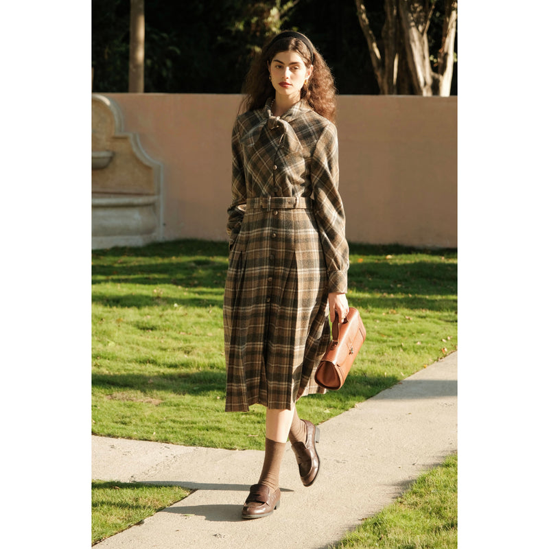 Brown Plaid Wool Coat Dress