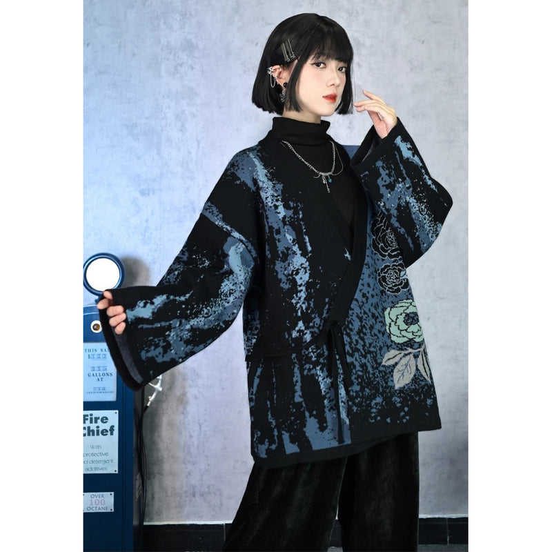 椿の花の刺繍アシンメトリーカーディガン